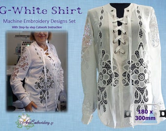 G-White Shirt - Cutwork Lace Machine Embroidery Designs Set for Hoop 180x300mm with Step-by step Cutwork Instruction