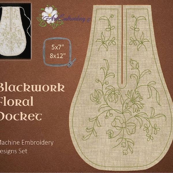 Blackwork Floral Pocket: 18th Century Stickmaschine (5x7, 8x12 Hoops)
