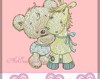 Pink Teddy and Friend - Machine Embroidery Designs Set for a Babies and Children of a series "Old Toy"