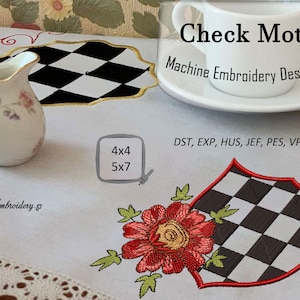 May include: Machine embroidery design set featuring a black and white checkered pattern in a shield shape with a red border. The design includes a red flower with green leaves. The design is available in 4x4 and 5x7 sizes. The text "Check Motifs" and "Machine Embroidery Designs Set" is displayed above the design. The text "DST, EXP, HUS, JEF, PES, VP3, XXX" is displayed below the design.