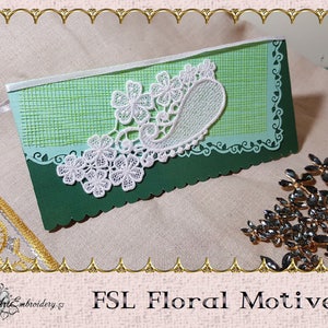 FSL Floral Motive, Duas Flores Simples e Borda Infinita - Conjunto de Desenhos de Bordado de Máquina de Renda Independente, motivo floral,
