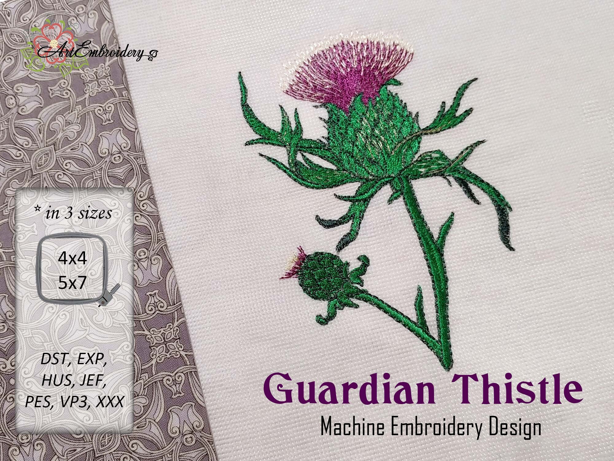 Guardian Thistle - Machine Embroidery Design in 3 sizes for hoop 4x4" and 5x7".