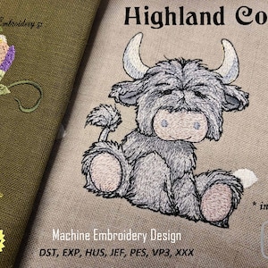 Highland Kuh Old Toy Gepatchter Bauernhof im Cartoon Stil - Stickdatei für die Stickmaschine in zwei Größen für den 10x10cm und den 13x12cm Stickrahmen