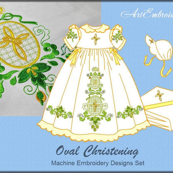 Oval Christening  - Machine Embroidery Designs Set for Gown, Bonnet etc., for Infant Boy or Girl Christening, Baptism, Special Day Ceremony.