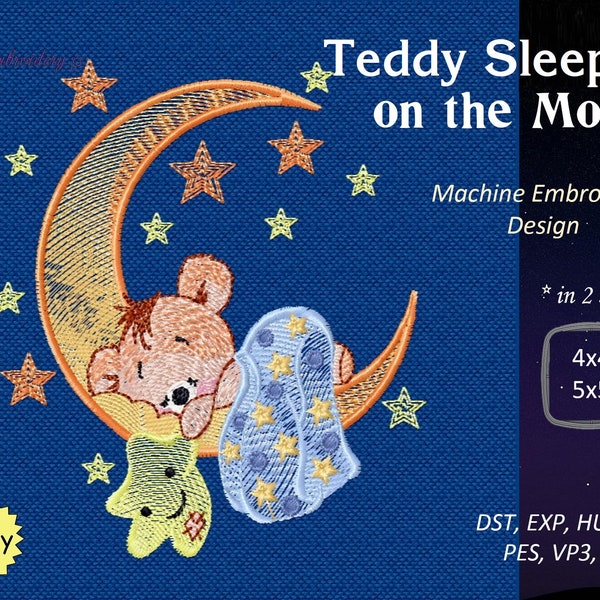Teddy Sleeping on the Moon - Old Toy Machine Embroidery Design in two sizes for hoop 4x4" and 5x5".