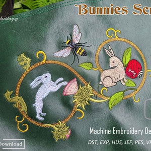 May include: Machine embroidery design featuring two bunnies, a bee, and flowers in a scroll design. The design is 6x8 inches and comes in a variety of formats, including DST, EXP, HUS, JEF, PES, VP3, and XXX.