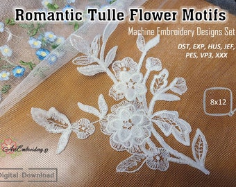 Romantic Tulle Flower Motifs – Machine Embroidery Designs Set of 4 Designs in hoop size from 5x7" and up to 8x8"
