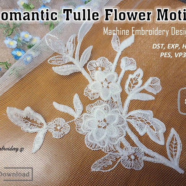 Romantic Tulle Flower Motifs – Machine Embroidery Designs Set of 4 Designs in hoop size from 5x7" and up to 8x8"