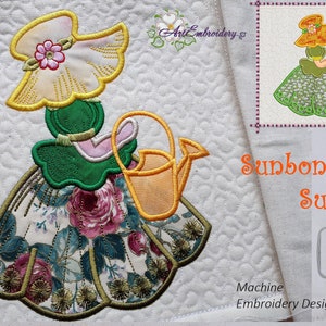 Sunbonnet Teenager Girl Sue with Watering Can - Machine Embroidery ITH Applique Designs Set 3 for hoops 6x8&quot;, 7x8&quot; and 8x8&quot;