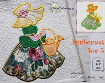 Può includere: Set di disegni per ricamo a macchina di una ragazza con un vestito verde e un cappello di sole giallo, che tiene un annaffiatoio giallo. Il disegno è disponibile in tre dimensioni: 15,2 x 20,3 cm, 17,8 x 20,3 cm e 20,3 x 20,3 cm.