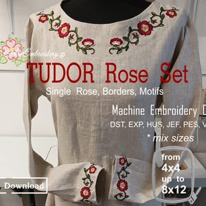 Tudor Rose Set - Machine Embroidery Designs set of  Single Roses and Roses Branches and Borders, Diamond, Ring, Star and Square