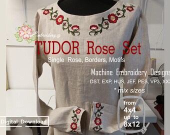 Tudor Rose Machine Embroidery Designs: Single Rose, Branches, Borders (Digital Download)