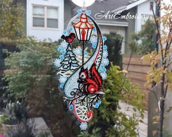Christmas Squirrel FSL Tree ornament -  Machine Embroidery Freestanding Lace design in two sizes for hoop  5x7&quot; and 6x8&quot;