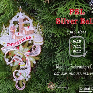 FSL Silver Bells – Machine Embroidery Christmas Lace with  word in  English ITH  Project Design in 3 sizes for hoop 6x10", 7x11" and 8x12"
