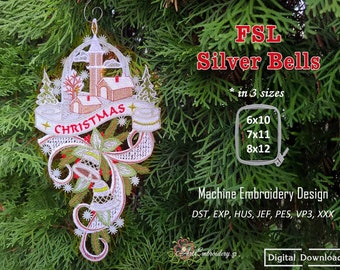 Diseño de bordado a máquina de campanas plateadas FSL: Adorno navideño de encaje (descarga digital)