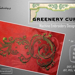 May include: Machine embroidery design for a greenery curl in three sizes: 6x8 inches, 6x10 inches, and 8x12 inches. The design features a green and gold curl with a floral pattern. The design is available in the following formats: DST, EXP, HUS, JEF, PES, VP3, and XXX.