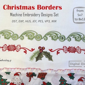 Op de afbeelding: Set met kerstborduurmotieven voor machineborduurwerk. De ontwerpen omvatten een groene bladrand, een rode snoepstokrand en een hulstborder. De ontwerpen zijn verkrijgbaar in maten van 5x7 tot 8x12 inch. De meegeleverde bestandsformaten zijn DST, EXP, HUS, JEF, PES, VP3 en XXX.