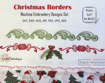 May include: Set of Christmas embroidery designs for machine embroidery. The designs include a green leafy border, a red candy cane border, and a holly border. The designs are available in sizes from 5x7 to 8x12 inches. The file formats included are DST, EXP, HUS, JEF, PES, VP3, and XXX.