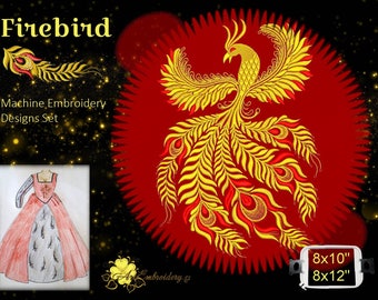 Firebird from Slavic Folklore - Machine Embroidery Designs Set for hoop 8x12" and split designs for hoop 6x10" and feathers for hoop up 5x7"