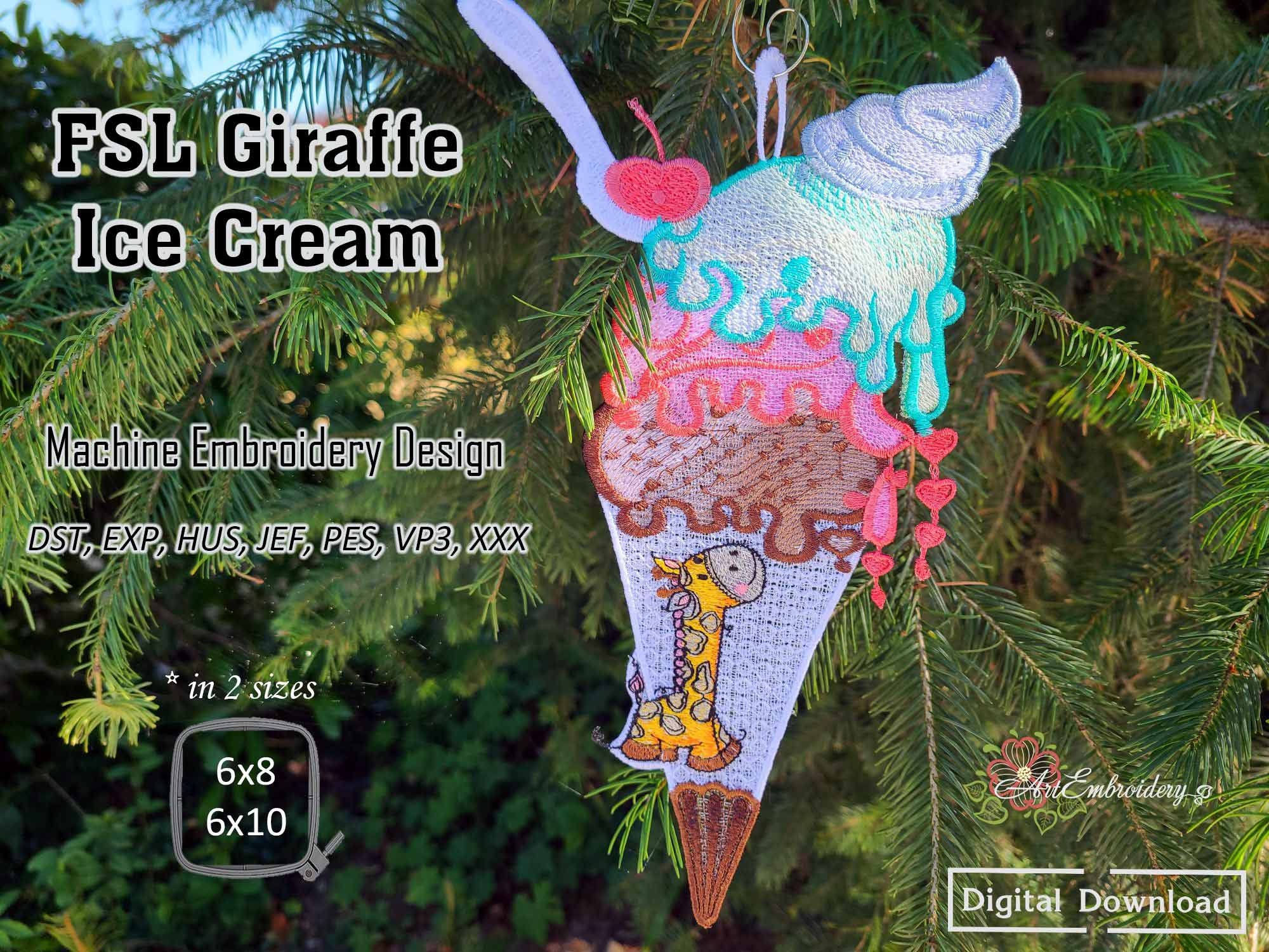FSL Giraffe Ice Cream – Progetto di ricamo a macchina ITH Lace Design in 2 misure per telaio 6x8" e 6x10"