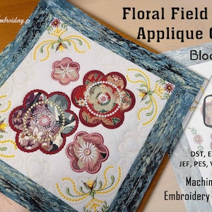 May include: Floral Field Applique Quilt Block 5 embroidery design. The design features a white background with four floral appliques in shades of red, pink, and green. The design is surrounded by a blue denim border. The text "Floral Field Applique Quilt Block 5" is displayed at the top of the image. The text "8x8 9x9" is displayed in a circle at the bottom right of the image. The text "DST, EXP, HUS, JEF, PES, VP3, XXX Machine Embroidery Design" is displayed at the bottom of the image.