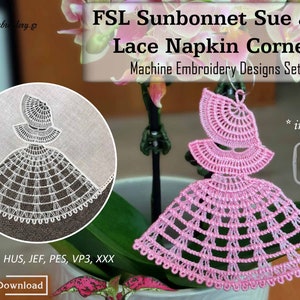 May include: Machine embroidery design set for a lace napkin corner featuring a girl wearing a sunbonnet. The design is available in two sizes: 5x5 inches and 5x7 inches. The design is shown in white and pink.