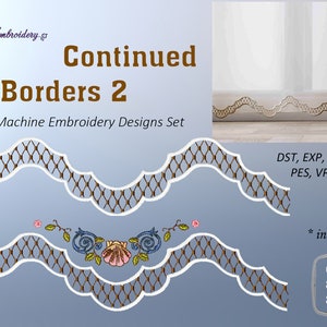 May include: Machine embroidery design set for borders, featuring two different designs. The designs are in brown and white and include a floral motif. The set includes 3 sizes: 6x10 inches, 8x12 inches, and 8x14 inches. The design files are compatible with DST, EXP, HUS, JEF, PES, VP3, and XXX embroidery machines.