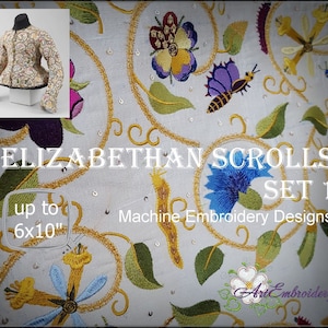 Puede incluir: Imagen de un conjunto de diseños de bordado a máquina titulado "ELIZABETHAN SCROLLS SET 1". El diseño incluye motivos florales y de mariposas, con texto que indica tamaños de hasta 15.24 x 25.4 cm. Una pequeña chaqueta se muestra en la esquina superior izquierda.