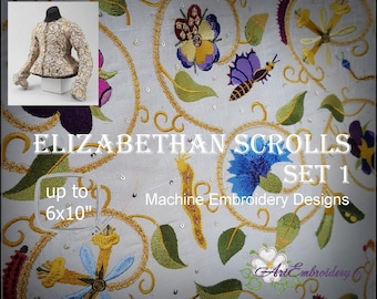 Elizabethan Scrolls Set I - Floral and Fauna 16 Century Goldwork Imitation Embroidery Designs