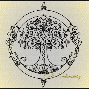 May include: Black and white line art embroidery design of a tree of life with intricate details. The design is circular and includes the text "Art Embroidery".