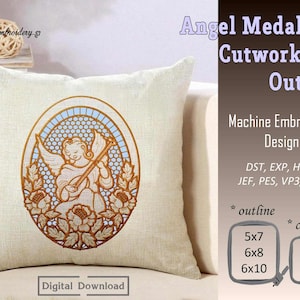 Angel Medallion Machine Embroidery Design: Christian Cutwork & Outline (Digital Download)