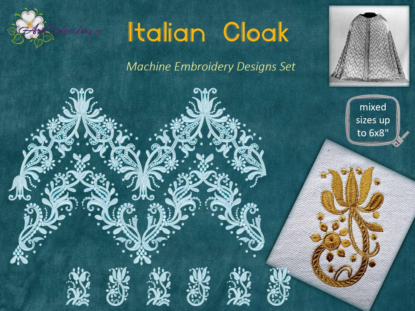 Embroidery Italian Fashion フェデリコロッカ　刺繡 Italian Cloak, 1610-1620 - Machine Embroidery Designs Set for