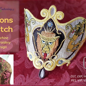 May include: A machine embroidery design featuring a gold and brown lion patch with a crown. The patch is 6 inches by 10 inches and is available in DST, EXP, HUS, JEF, PES, VIP, VP3, and XXX formats.