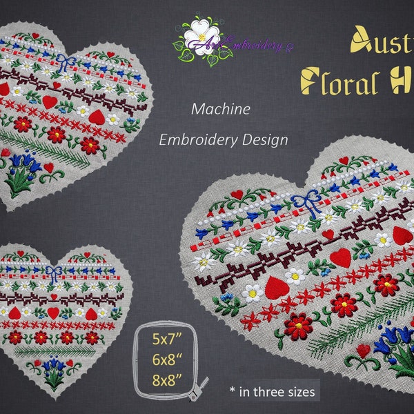 Coeur floral autrichien - Conception de broderie machine en trois tailles