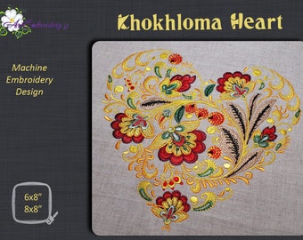 Khokhloma Flowers  Heart -  Machine Embroidery Ethnic Flowers Design 8x8" assembled and split for hoop 6x8".