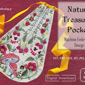 Nature Treasures Pocket - Machine Embroidery Design for historical 18th Century projects, assembled and split for hoop 6x8&quot; and 9x14&quot;