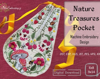 Nature Treasures Pocket - Machine Embroidery Design for historical 18th Century projects, assembled and split for hoop 6x8" and 9x14"