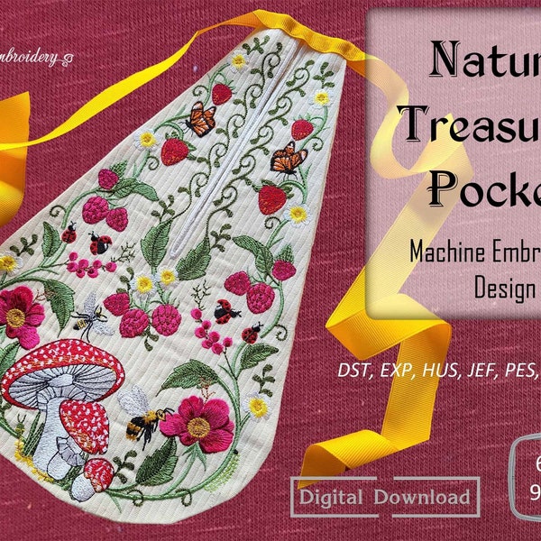 Nature Treasures Pocket - Machine Embroidery Design for historical 18th Century projects, assembled and split for hoop 6x8" and 9x14"