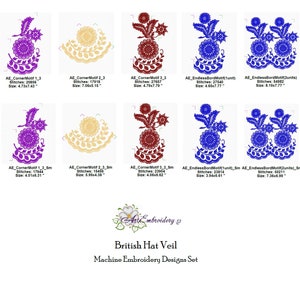 Puede incluir: Un conjunto de 12 dise&ntilde;os de bordado a m&aacute;quina que presentan motivos florales en azul, morado, crema y rojo. Los dise&ntilde;os incluyen motivos de esquina y motivos de borde sin fin. Los dise&ntilde;os son perfectos para agregar un toque de elegancia a cualquier proyecto.