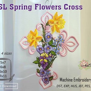 FSL Spring Flowers Cross – ITH Project Machine Embroidery Free Standing Lace Design in 4 sizes for hoop 5x7&quot;, 6x8&quot;, 6x10&quot; and 7x11&quot;