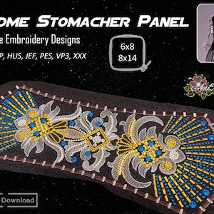 May include: A machine embroidery design of a decorative panel with a floral pattern in shades of blue, gold, and white. The design is available in multiple formats, including DST, EXP, HUS, JEF, PES, VP3, and XXX. The design is available in two sizes: 6x8 and 8x14 inches.