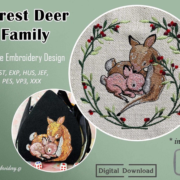 Forest Deer Family - Machine Embroidery Woodland Design in 2 sizes for hoop 4x4" and 5x7"
