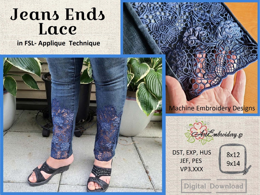 Jeans Lace Ends: FSL Applique Machine Embroidery Design (digital