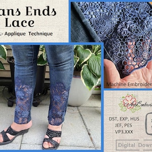 Jeans Ends Lace – Machine embroidery design in FSL - Applique technique for hoop 8x12&quot; and 9x14&quot;.