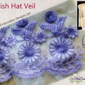 Puede incluir: Un conjunto de dise&ntilde;os de bordado a m&aacute;quina que presentan un patr&oacute;n floral morado con hojas. Los dise&ntilde;os miden 6x8 pulgadas y se pueden ampliar hasta 12x12 pulgadas. Los dise&ntilde;os son perfectos para crear un velo de sombrero u otros proyectos decorativos.