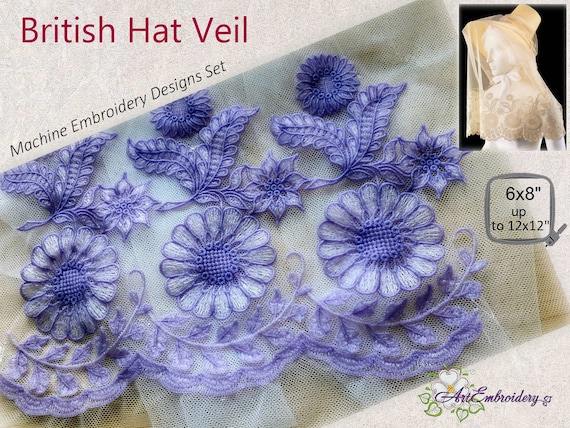 British Hat Veil Machine Embroidery Historical Tulle Designs Set in 2 sizes