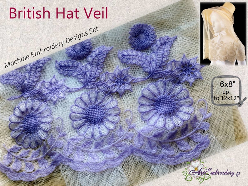 Puede incluir: Un conjunto de dise&ntilde;os de bordado a m&aacute;quina que presentan un patr&oacute;n floral morado con hojas. Los dise&ntilde;os miden 6x8 pulgadas y se pueden ampliar hasta 12x12 pulgadas. Los dise&ntilde;os son perfectos para crear un velo de sombrero u otros proyectos decorativos.