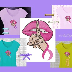 May include: Embroidered design of a pink mouth with a finger over it, saying "Fight Harder Live Stronger". The design is on a pink ribbon and is shown on four different t-shirts in various colors.