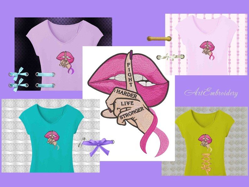 May include: Embroidered design of a pink mouth with a finger over it, saying "Fight Harder Live Stronger". The design is on a pink ribbon and is shown on four different t-shirts in various colors.