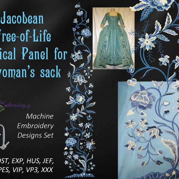 Jacobean Flowers Tree-of-Life Vertikal Panel für den Sack einer Frau - Maschinenstickmotive Set für Stickrahmen bis 20x12 ", für 15x10" auf Anfrage